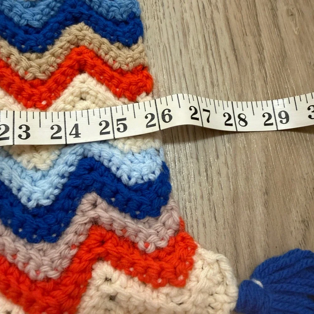 Crochet Chevron Throw Blanket 4x26 Red White‎ Blue Retro 1970s Style Afghan